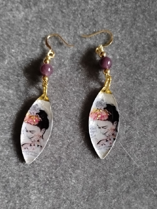 Hand Crafted Jewelry - Hand Crafted Frida Kahlo Portrait Dangle Earrings With Purple Quartz and Gold